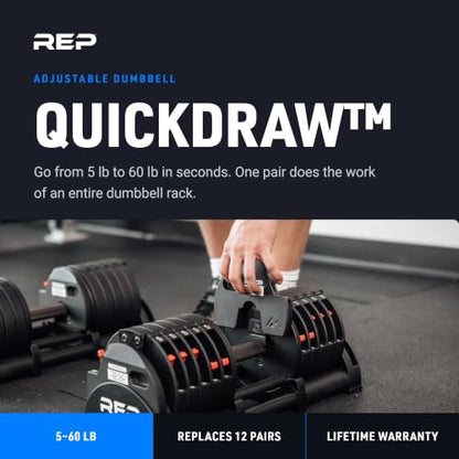 REP Fitness QuickDraw Adjustable Dumbbell Set, Pair, 30/40/50/60 lb Each, Steel Plates, Knurled Handle, Lock-N-Load Switch, Space-Saving Compact Free Weights, Strength Training, Home Gym, Men & Women - style: 5-30 lbs