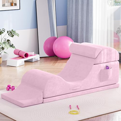 Convertible Yoga Chair for Adults, Ergonomic Foam Lounge with Lumbar Pillow, Washable Cover, Side Pocket, No Assembly Needed – Great for Exercise, Stretching & Relaxation (Light Pink, 21-inch) - color: Light Pink