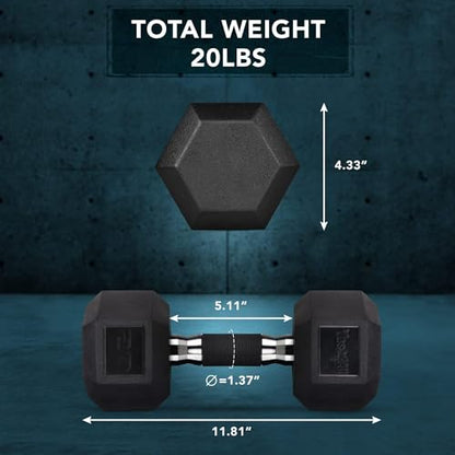 Yes4All Rubber Grip Encased Hex Dumbbell – Hand Weights With Anti-Slip 5-50 LBS Single - color: D. 20 Pounds