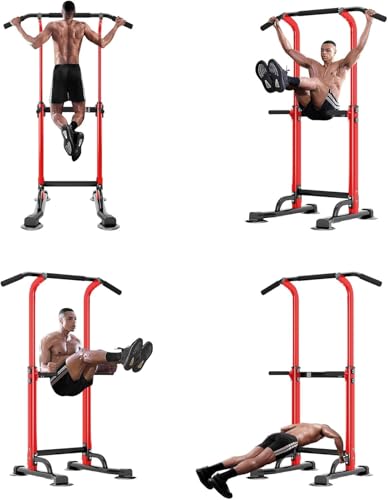 Multi-Functional Power Tower for Home Gym: Adjustable Pull Up & Dip Station with 400 LBS Capacity, Space Saving Strength Training Equipment for Men and Women - color: Red