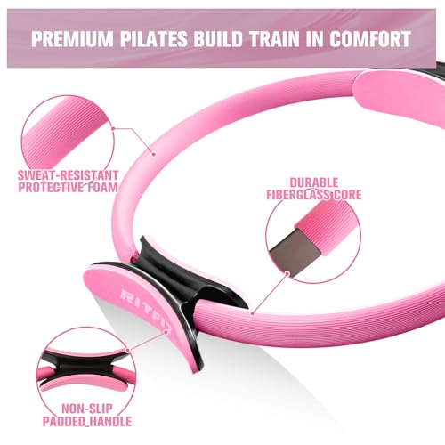 RitFit Pilates Ring Circle - 14 Inch Magic Fitness Circle for Toning Inner & Outer Thighs, Bonus Workout Guide Included (Pink Kit)