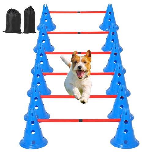 Garvee Dog Agile Hurdle Cone Set, Dog Training Agile Equipment with Height Adjustable Crossbar for Beginners & Advanced,Dog Obstacle Courses with 12 Cones & 6 Agile Rods & Carry Bag