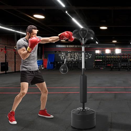 3-in-1 Freestanding Boxing Speed Trainer Set – Adjustable Height Punching Bag, Dual Speed Balls, 360° Bounce Spinning Bar, Gloves Included – Home Gym Equipment for Adults
