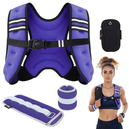 10 lb Weighted Vest Set for Women, Rucking Weighted Vest with 2x2lb Ankle Weights, Reflective Stripes, Arm Pocket, No Bounce for Running, Walking, Strength Training Weight Loss