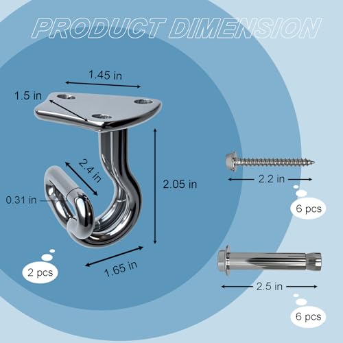 Heavy Duty Hammock Hooks & Swing Hanging Kit 1100LB Capacity - Ceiling Hooks for Porch Swing, Hammock Chair, Yoga Swing - IncludesMounting Hardware, Anchors - Indoor/Outdoor Use (2, Silver)