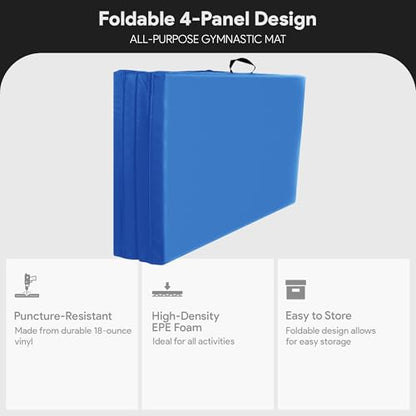 BalanceFrom 10x4 Feet 4-Panel Folding Gymnastics Mat – 2-Inch Thick Pad with Vinyl Surface and Carrying Handles for Tumbling, Yoga, Pilates, Home Workouts, and Martial Arts - color: Blue