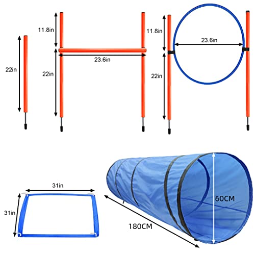 Dog Agility Training Equipment, Obstacle Agility Training Starter Kit for Doggie, Including Tunnel, 13 Weave Poles, Adjustable Hurdle, Jump Ring, Pause Box and Carrying Bag(Blue)