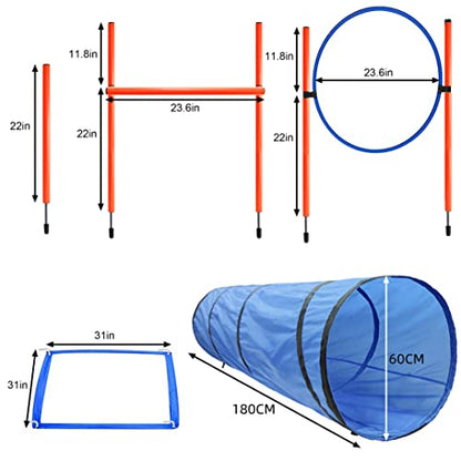 Dog Agility Training Equipment, Obstacle Agility Training Starter Kit for Doggie, Including Tunnel, 13 Weave Poles, Adjustable Hurdle, Jump Ring, Pause Box and Carrying Bag(Blue)