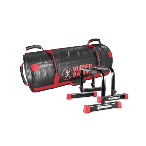 Rubberbanditz Extra Large Fitness Sand Bag & Parallettes Push Up/Dip Bars Set - Heavy Duty Workout Equipment for Crossfit, Home Workouts, Gymnastics, Conditioning, Non-Slip Stands for Bodyweight Train