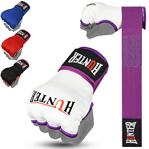 HUNTER Gel Boxing Hand Wraps for Men & Women, Quick Inner Gloves with Wrist Support for MMA, Muay Thai, Kickboxing & Martial Arts Training, Knuckle Protection (Pair) - color: White/Purple, size: Large-X-Large