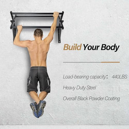 Wall Mounted Pull Up Bar Chin Up bar Multifunctional Dip Station for Indoor Home Gym Workout, Power Tower Set Training Equipment Fitness Dip Stand Supports to 440 Lbs