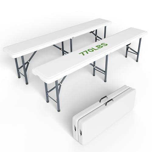 6FT Folding Bench - Heavy Duty 770lbs Capacity, Safety Locking Button & Wider Carrying Handle, Foldable Portable Bench for Outdoor, Picnic, Storage, Camping - White, 2 Pack - color: White, size: 2 PACK