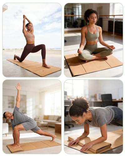 Rocalt Foldable Cork Yoga Mat for Travel, Non Slip Lightweight Yoga Mat with Carry Strap, Eco-Friendly Portable Workout Mat for Pilates, Hot Yoga, Stretching & Home Gym
