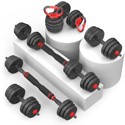 UKEEP Adjustable Dumbbells, 20/30/40/55/60/70/80/90lbs Free Weights Dumbbells Convertible 2 or 3 in 1 Set Used as Barbell, Kettlebells, A Pair of Lightweight for Home Gym - style: 3 IN 1 55LB (27.5LB Pair)
