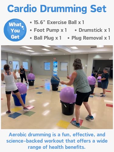 Cardio Drumming Set, 15.6" Exercise Ball with Pump & Cardio Drumming Sticks Adults Premium Aerobic Drumming Kit for Stability, Rhythm, Gymnastics - color: Purple