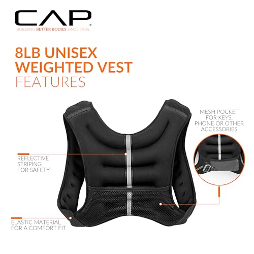 CAP Barbell 8LB Weighted Vest – Unisex Workout Vest with Phone Pouch, Reflective Strips, and Adjustable Fit for Walking, Running, Cardio, and Strength Training | Black or Blue - color: Black
