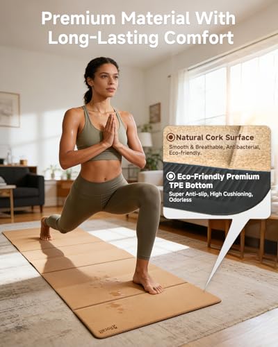Rocalt Foldable Cork Yoga Mat for Travel, Non Slip Lightweight Yoga Mat with Carry Strap, Eco-Friendly Portable Workout Mat for Pilates, Hot Yoga, Stretching & Home Gym