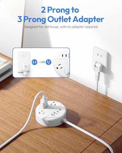 2 Prong Power Strip, NTONPOWER 10 FT Extension Cord, 2 Prong to 3 Prong Outlet Adapter, 180°Non-Polarized, 3 Outlets 4 USB (2 USB C), Wall Mount for Old House Non-Grounded Outlets,White - size: 10 ft