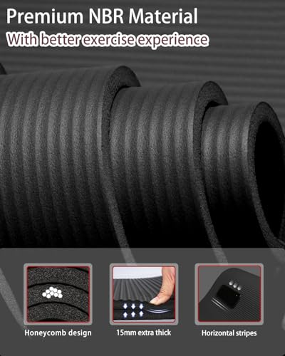 YR Large Yoga Mat for Men Thick Exercise Mat 76"x35" 15mm Foam Mat - color: Black
