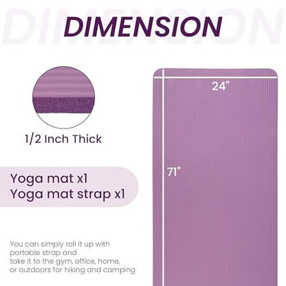 Fitvids Yoga Mat, 1/2-Inch Extra Thick High Density Exercise Mat, Anti-Tear Exercise Yoga Mat with Carrying Strap, Suitable for Various Yoga Exercises
