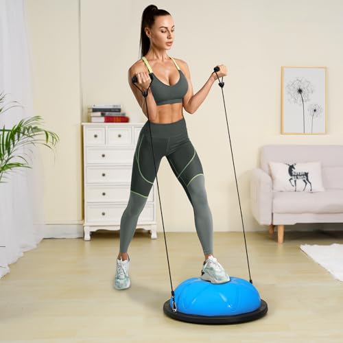 VEVOR Half Exercise Ball Trainer, 23/26 inch Balance Ball Trainer, 1500lbs Capacity Stability Ball, Yoga Ball with Resistance Bands & Foot Pump, Strength Fitness Ball for Home Gym Full Body Workout - color: 23" Particle Blue