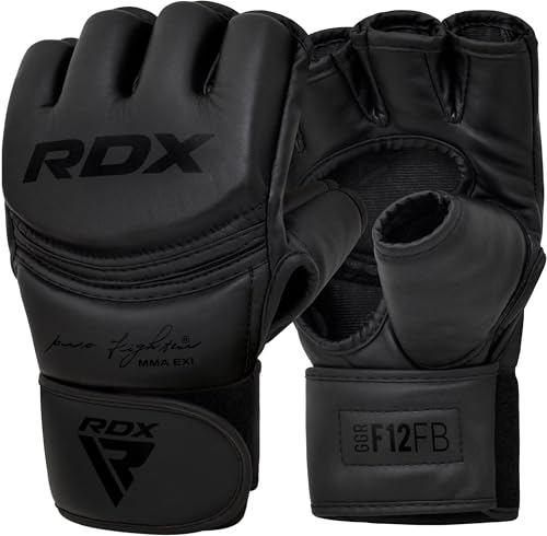 RDX MMA Gloves Grappling Sparring, Maya Hide Leather, Boxing Gloves Men Women Muay Thai Martial Arts Training, Half Finger Adjustable Mitts Wrist Support Kickboxing Cage Fighting Punching Bag Workout - color: Full Black, size: Large