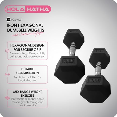 HolaHatha Hexagonal Rubber Dumbbell Weights Set, Home Gym Equipment - style: 15lb Pair