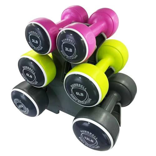 Body Sculpture hand weights set Free‑Weight Dumbbell Set with Rack Set includes 3, 6 and 12 lb weights ideal for men and women for small and large muscle groups