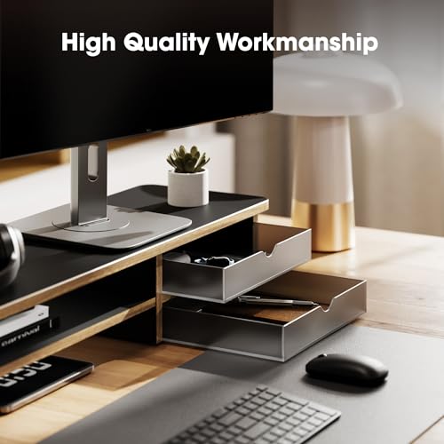Fenge Monitor Stand, Desk Computer Riser with Frosted Storage Drawer, Black - color: Black
