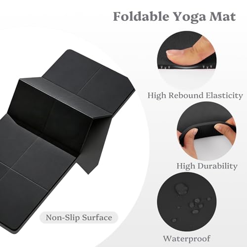 Foldable Yoga Mat Non Slip, Pilates Fitness Mats, 72" x 24" Extra Width ＆ Thick, Anti-Tear Exercise Mat with Carrying Strap and Bag, Workout Mats for Stretching,Yoga Studio,Gym or Home Workouts