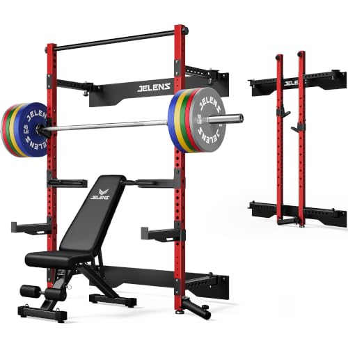 JELENS FS01 Folding Squat Rack, Wall Mounted Power Rack for Home Gym, Space Saving Multi-Functional Power Cage with More Attachments - color: Red, size: 260LB Colored Weights Package