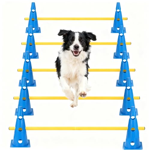 Dog Agility Hurdle Cone Set, 10er 12.5Inch Agility Cones and 5er 31.5Inch Agility Rods, Height Adjustable Crossbar for Dog Obstacle Course Rehabilitation & Beginners