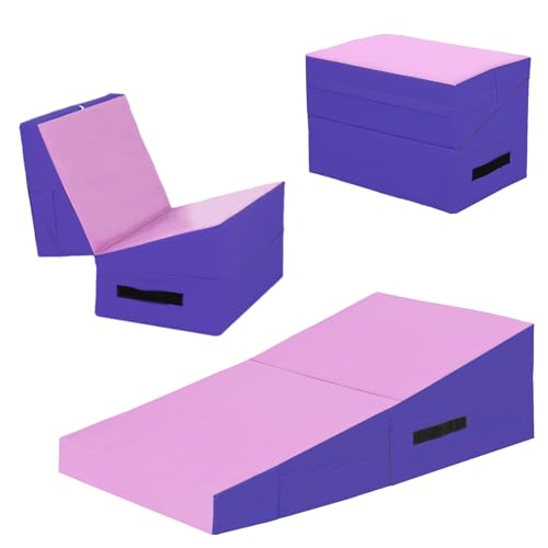 FDW Gymnastics Mat Incline Indoor/Outdoor Tumbling Mats yoga mat for Home Gym Folding Exercise Mat with Non-Slip Surface & Handles Cheese Wedge Mat - color: Pink, size: 34x24 Inch