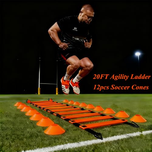 6PCS 6FT Adjustable Soccer Agility Training Poles, Soccer Agility Training Equipment with 20 ft Speed Ladder, 12 Disc Cones and Weighted Jump Ropes, Speed & Agility Turf Training Poles Drills
