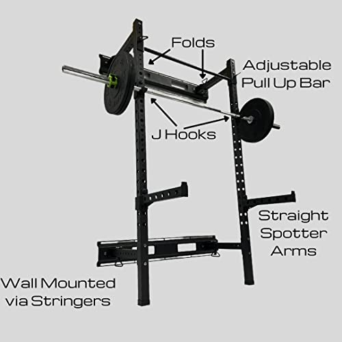 HulkFit Pro Series Wall Mounted Folding Squat Rack and Power Rack with Pull Up Bar & J Hooks for Home Gym, Strength Training Exercise Equipment - style: Wall Mounted Power Cage - Black