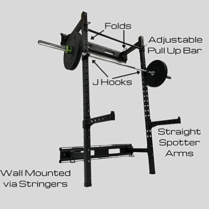 HulkFit Pro Series Wall Mounted Folding Squat Rack and Power Rack with Pull Up Bar & J Hooks for Home Gym, Strength Training Exercise Equipment - style: Wall Mounted Power Cage - Black