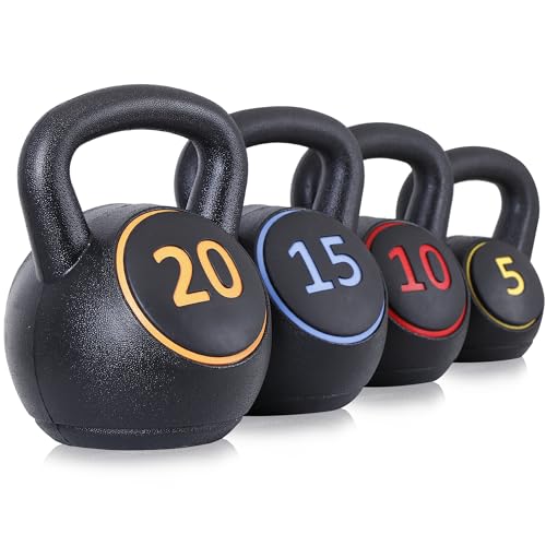 JupiterForce Wide Grip Kettlebell Sets 4 Piece Strength Training KettleBells Weights Set 5lb, 10lb, 15lb, 20lb HDPE Coated Concrete Kettle Bell for Women&Men for Full Body Workout, Exercise Fitness, Home Gym