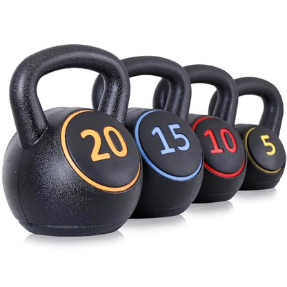 JupiterForce Wide Grip Kettlebell Sets 4 Piece Strength Training KettleBells Weights Set 5lb, 10lb, 15lb, 20lb HDPE Coated Concrete Kettle Bell for Women&Men for Full Body Workout, Exercise Fitness, Home Gym