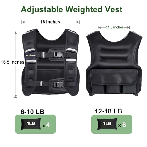 Adjustable Weighted Vest for Women and Men, DecRose 6-10lb/12-18lb Rucking Vest with 6 Ironsand Weights, Body Weight Vest for Home Workouts, Running, Walking and Strength Training - size: 12-18LB
