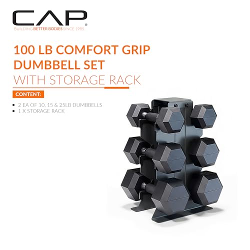 CAP Dumbbell Set with Rack, Rubber Coated Hex Free Weight Set | 100–300 lb Options, Vertical Space-Saving Storage for Home Gym Strength Training - size: 100 lb Set - Black Rack, style: Comfort Handle