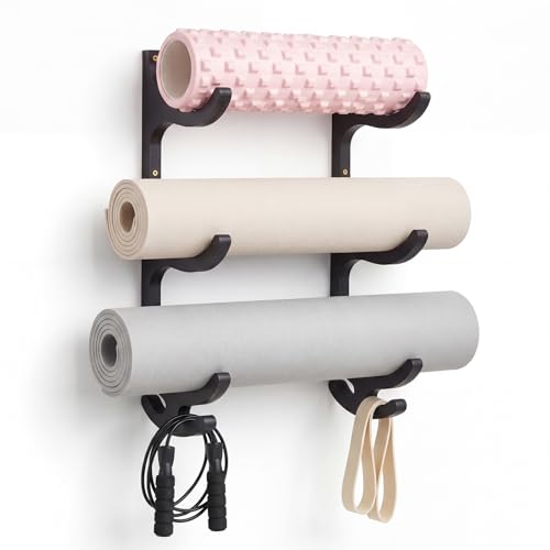 Junkin Yoga Mat Holder Wooden Wall Mount, Yoga Mat Gym Equipment Storage with 4 Hook Storage Holder for Hanging Foam Rollers and Resistance Bands for Home Gym or Fitness Class - color: Black, style: 3 Tier