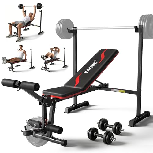 Weight Bench Set, 880LBS Adjustable Bench Press Set with Leg Extension and Barbell Rack, Safety Bar Catches, Fasting Foldable Workout Benches for Home and Gym