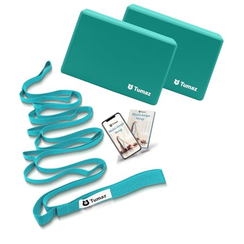 Yoga & Stretching Essentials Bundle: 10-Loop Non-Elastic Stretch Strap for Physical Therapy, Yoga, Pilates & 2-Pack High-Density EVA Foam/Cork Yoga Blocks with 8FT Strap Set and E-Book