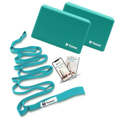 Yoga & Stretching Essentials Bundle: 10-Loop Non-Elastic Stretch Strap for Physical Therapy, Yoga, Pilates & 2-Pack High-Density EVA Foam/Cork Yoga Blocks with 8FT Strap Set and E-Book