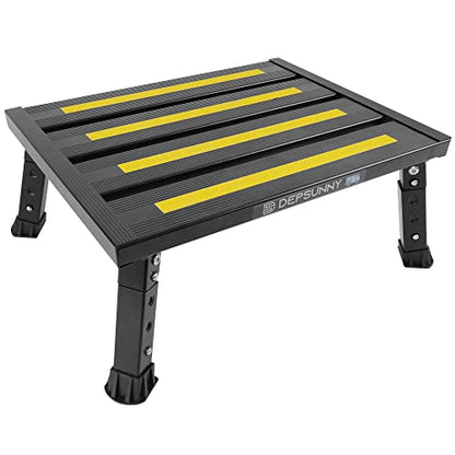 Adjustable Height Aluminum RV Step, Stable Foldable Platform Step Stool, Supports Up to 1,000 lb, Non-Slip Rubber Feet and Platform Mat, Easy to Carry (Black)