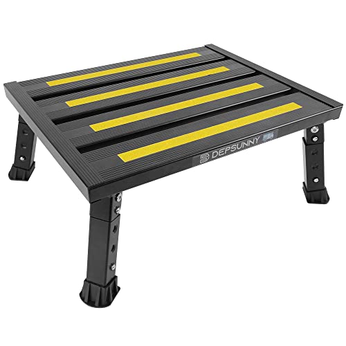 Adjustable Height Aluminum RV Step, Stable Foldable Platform Step Stool, Supports Up to 1,000 lb, Non-Slip Rubber Feet and Platform Mat, Easy to Carry (Black)