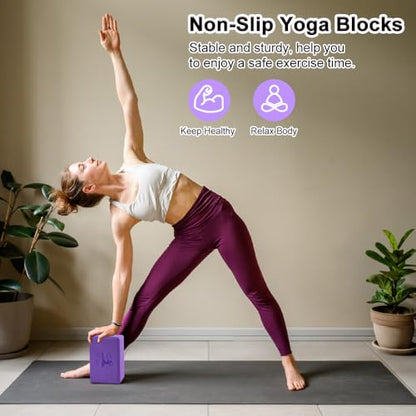 RETON Yoga Blocks Set, High - Density Yoga Block with 2 Strap, Lightweight Foam Brick Yoga Pilates Blocks, Anti-Slip Yoga Brick with Embossed Design for Posture Adjustment and Movement Assistance - color: Purple