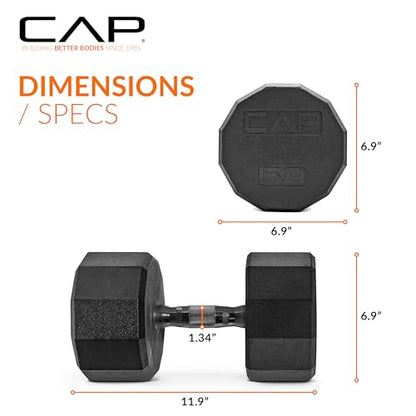 CAP Rubber Coated Dumbbell Weights, Free Weights for Home Gym Strength Training, Anti-Roll Hex Dumbbells with Black, Chrome & Comfort Grip Handles, Pairs & Sets - size: 50 lb - Pair, style: 12-Sided - Black Handle