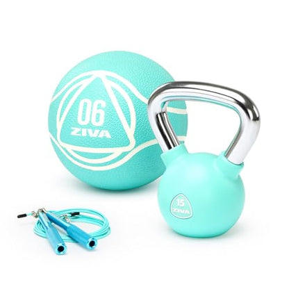 ZIVA Premium Functional Training Kit – 6 lb Medicine Ball, 15 lb Kettlebell & Speed Jump Rope for Strength, Core, Agility & Cardio – Full Home Workout Set in Turquoise
