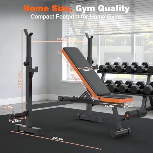 Adjustable Weight Bench with Squat Rack, 770lbs Heavy Duty Olympic Bench Press for Home Gym, Multi-Function Flat Incline Workout Bench Family Strength Training with Removable Foot Catch